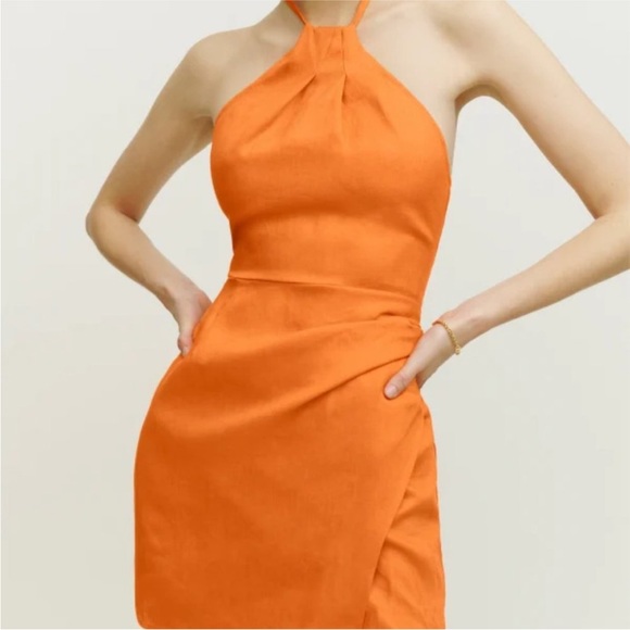 Reformation Dory Linen Dress in Orange Halter Neckline Faux Wrap Mini NWT - Picture 2 of 11
